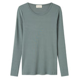 Grøn ribstrikket langærmet dame t-shirt