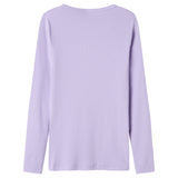 Langærmet ribstrikket dame t-shirt i lys lilla