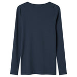 Langærmet ribstrikket dame t-shirt i mørkeblå