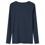 Langærmet ribstrikket dame t-shirt i mørkeblå