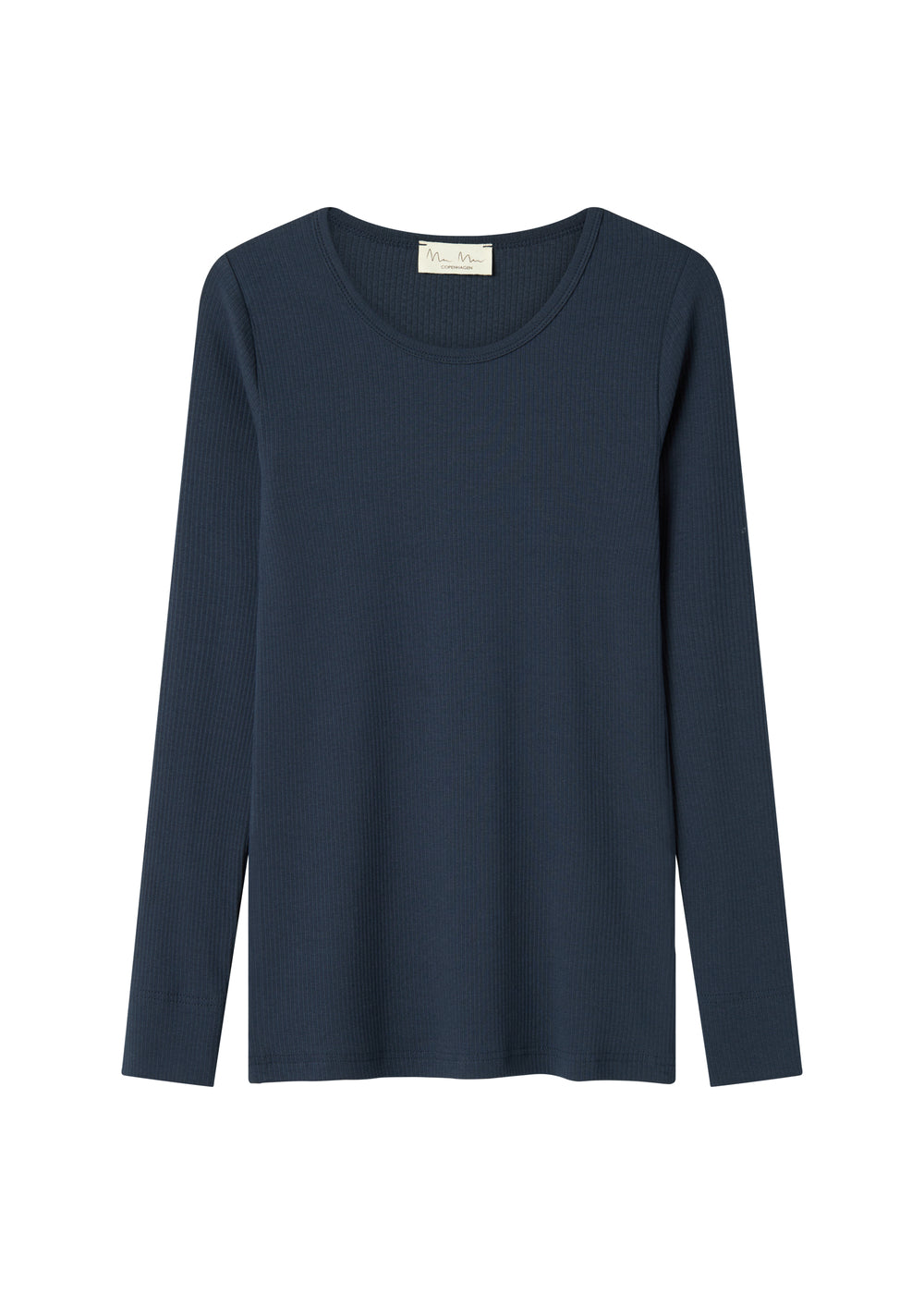 Langærmet ribstrikket dame t-shirt i mørkeblå