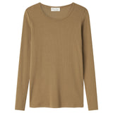 Langærmet ribstrikket brun t-shirt  til kvinder