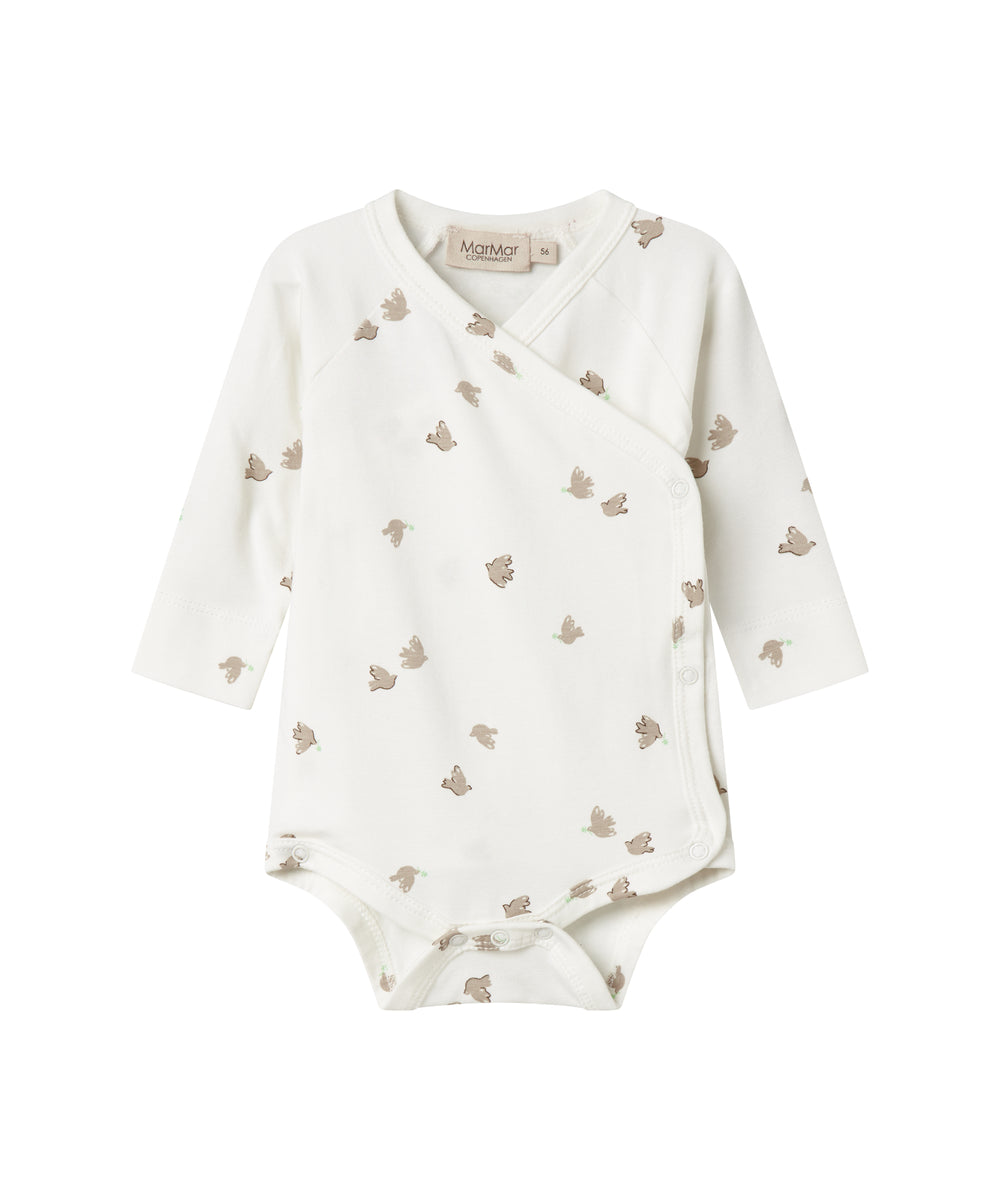 Langærmet bodystocking til nyfødte med slå-om-lukning og fuglmønster
