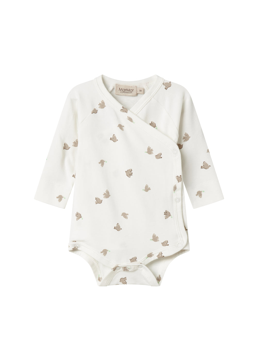 Langærmet bodystocking til nyfødte med slå-om-lukning og fuglmønster