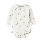 Langærmet bodystocking til nyfødte med slå-om-lukning og fuglmønster