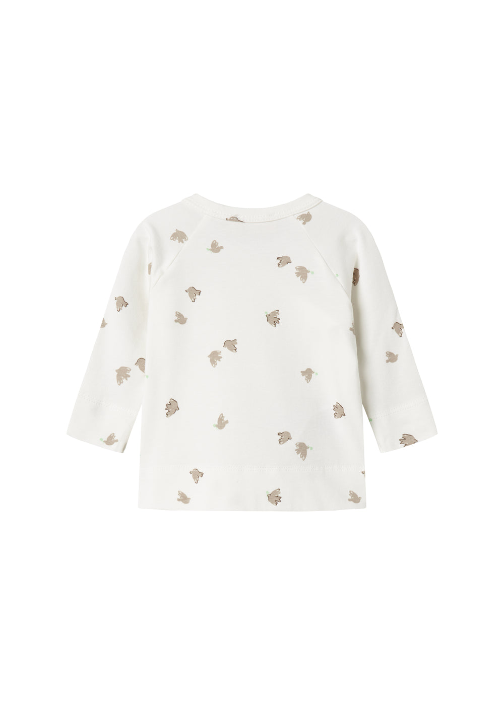 Langærmet bluse til nyfødte med slå-om-lukning og fuglmønster