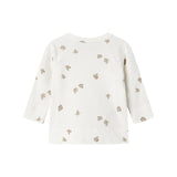 Langærmet bluse til nyfødte med slå-om-lukning og fuglmønster