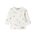 Langærmet bluse til nyfødte med slå-om-lukning og fuglmønster