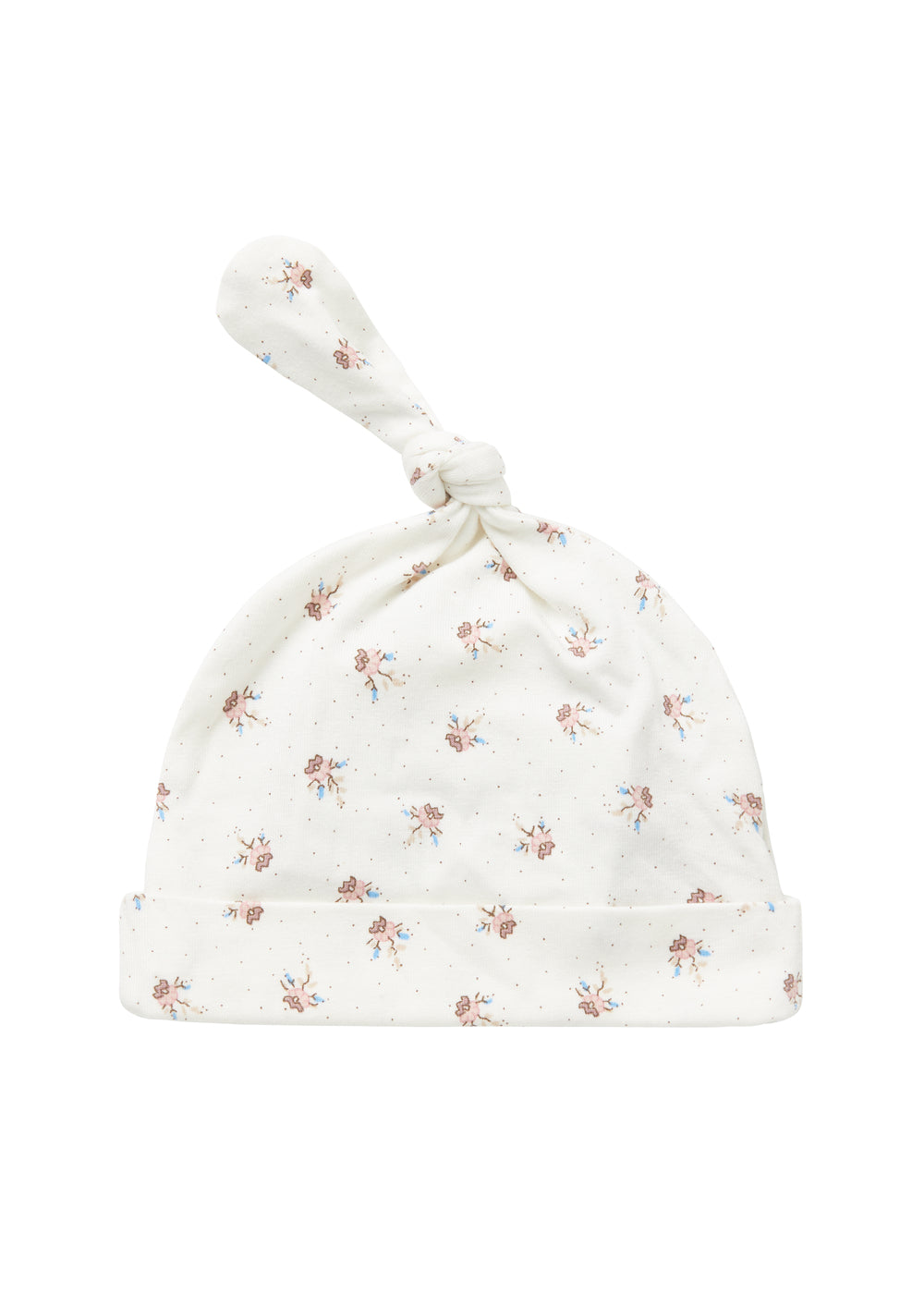 Blød babyhue med mønsterprint og knude på toppen