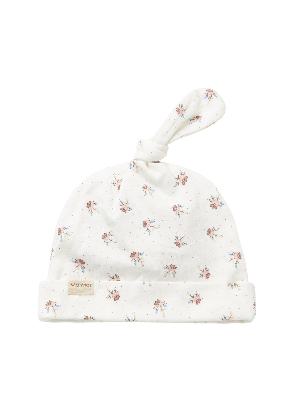 Blød babyhue med mønsterprint og knude på toppen