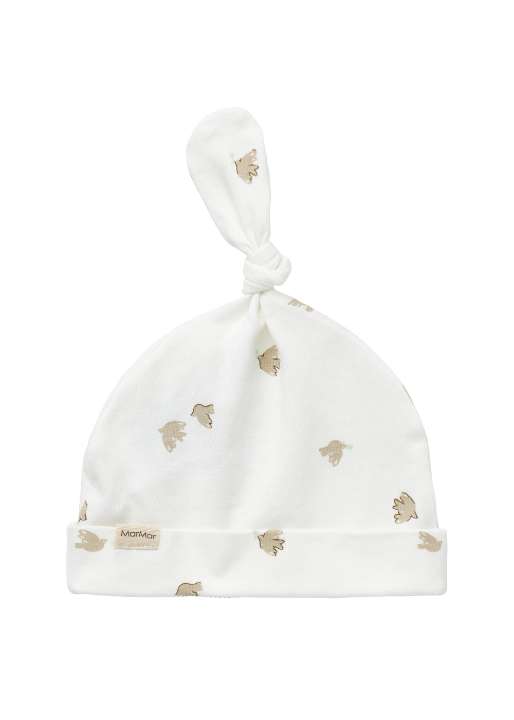 Blød babyhue med mønsterprint og knude på toppen