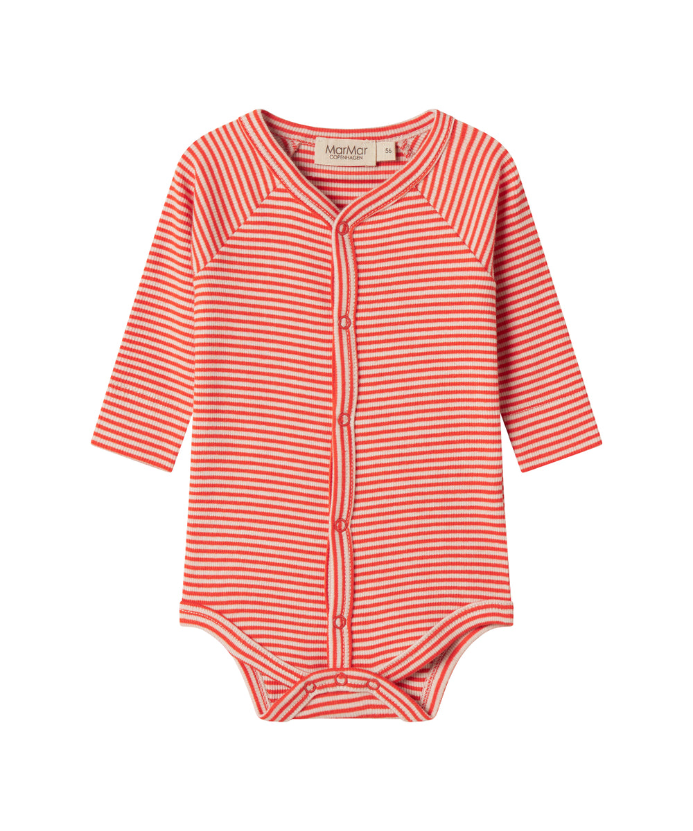 Rød- og hvidstribet body til baby med lange ærmer og knapper foran