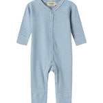 Blå og hvid stribet heldragt til baby med lange ærmer