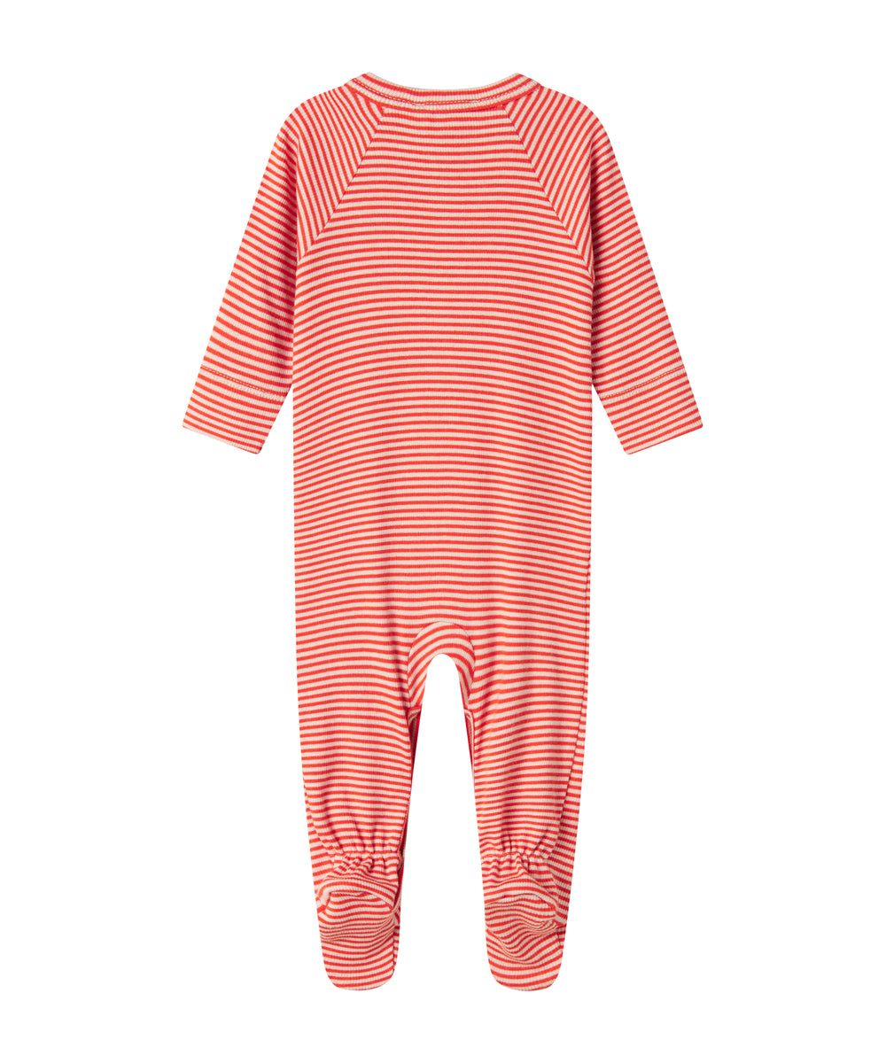 Blå og hvid stribet heldragt til baby med lange ærmer, fødder og trykknapper foran