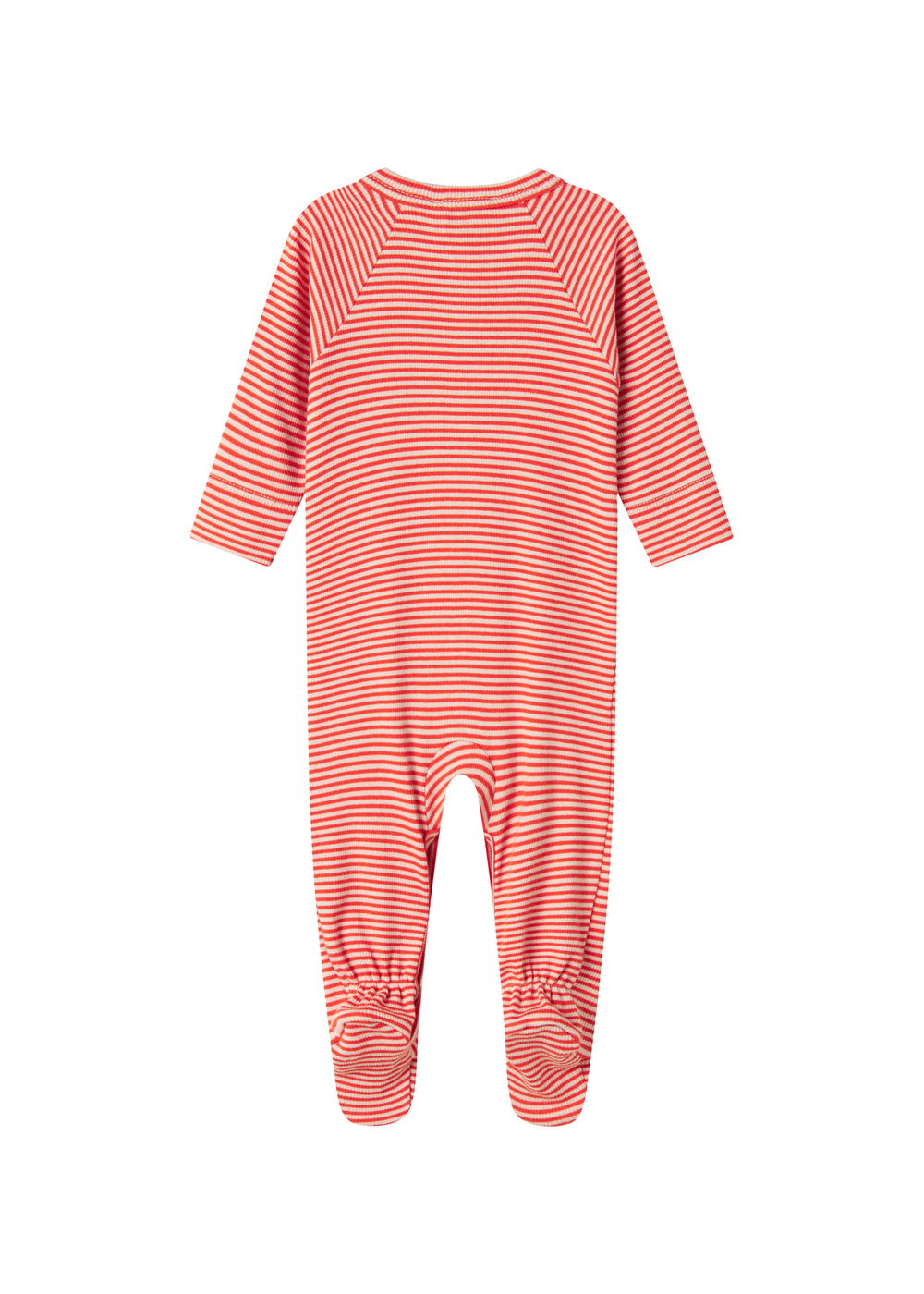 Blå og hvid stribet heldragt til baby med lange ærmer, fødder og trykknapper foran