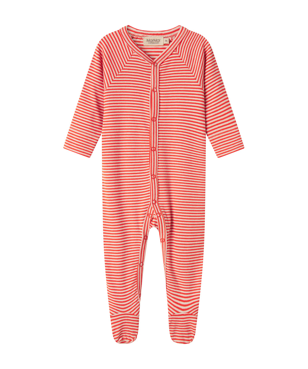 Blå og hvid stribet heldragt til baby med lange ærmer, fødder og trykknapper foran