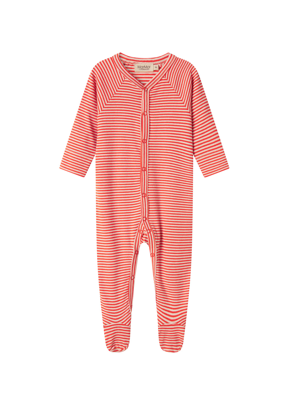 Blå og hvid stribet heldragt til baby med lange ærmer, fødder og trykknapper foran