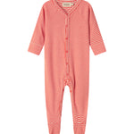 Blå og hvid stribet heldragt til baby med lange ærmer, fødder og trykknapper foran