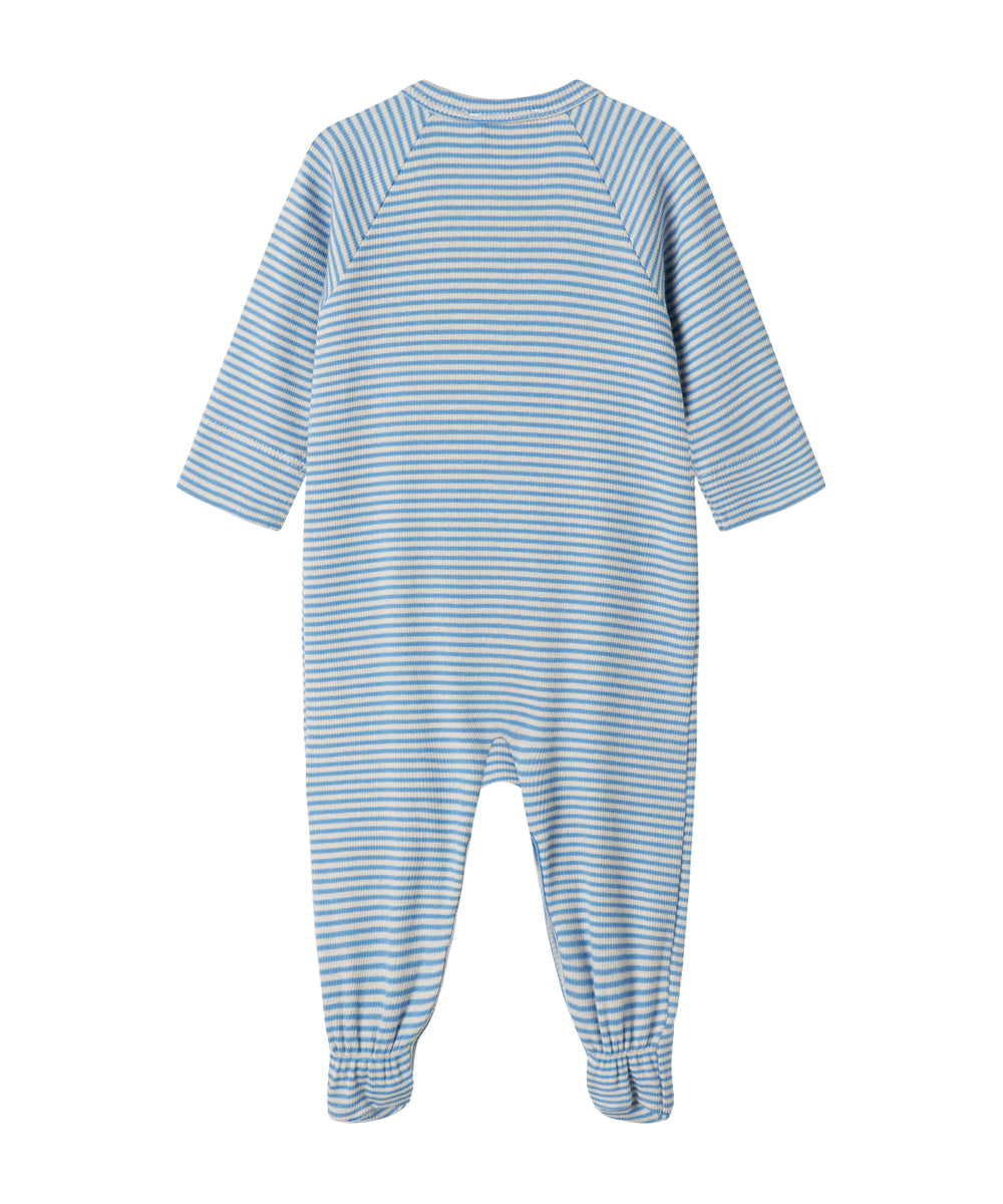 Blå og hvid stribet heldragt til baby med lange ærmer, fødder og trykknapper foran