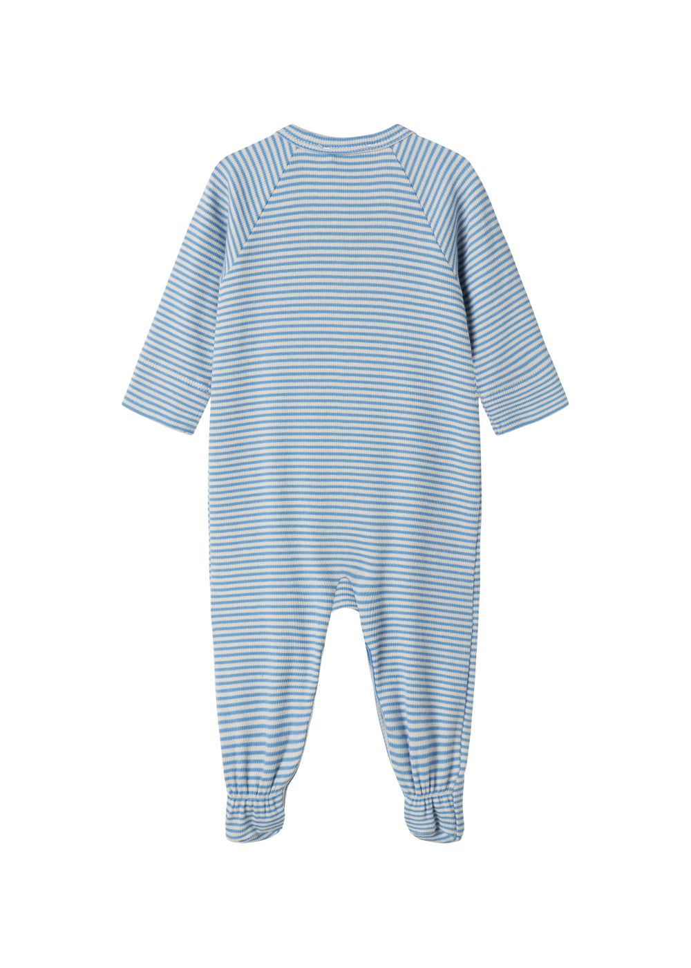 Blå og hvid stribet heldragt til baby med lange ærmer, fødder og trykknapper foran