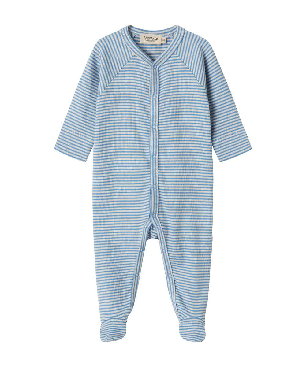 Blå og hvid stribet heldragt til baby med lange ærmer, fødder og trykknapper foran