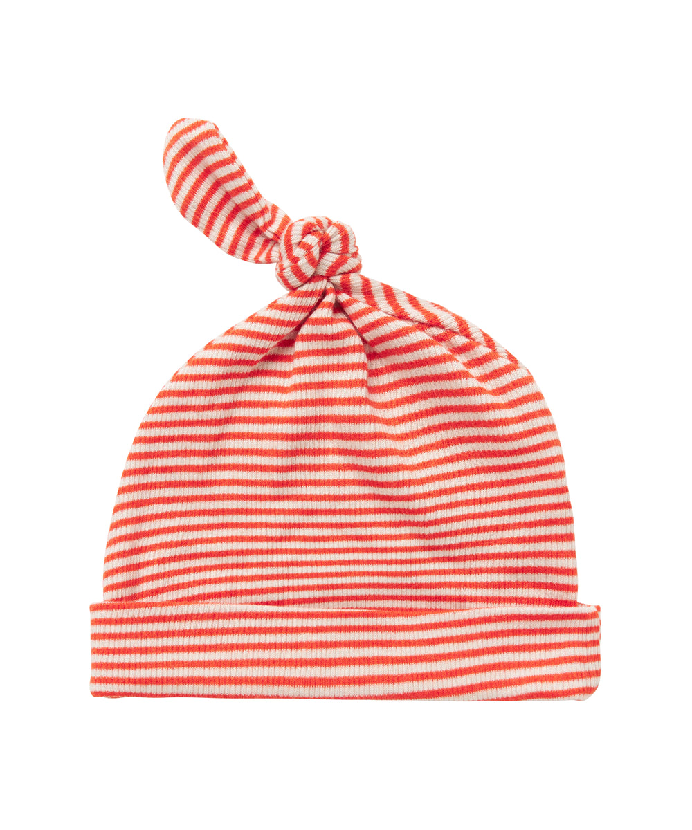 Rød og hvid stribet babyhue med knude på toppen