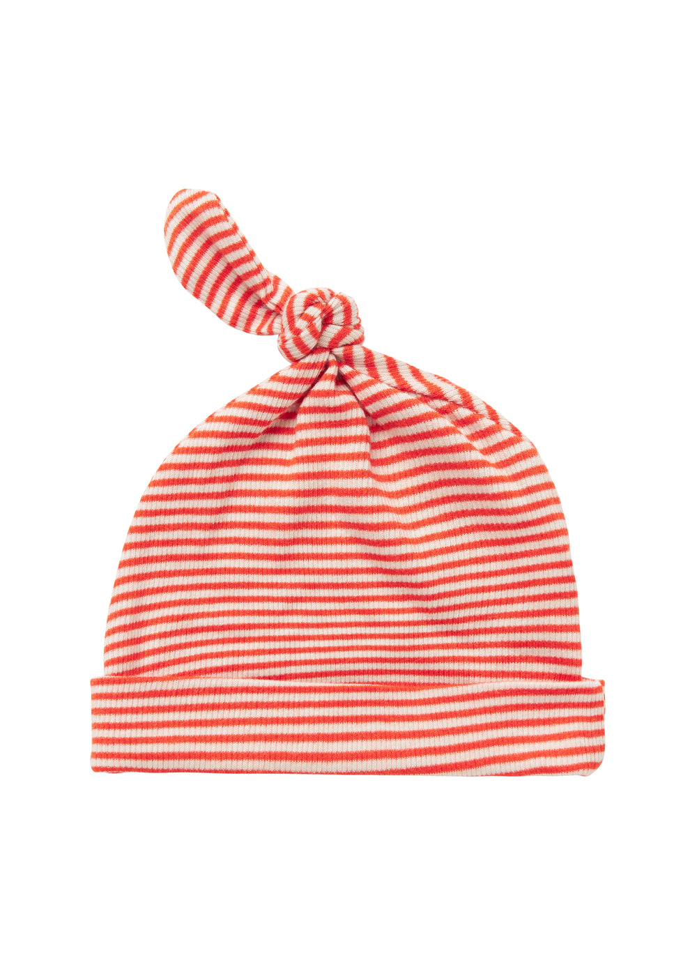 Rød og hvid stribet babyhue med knude på toppen