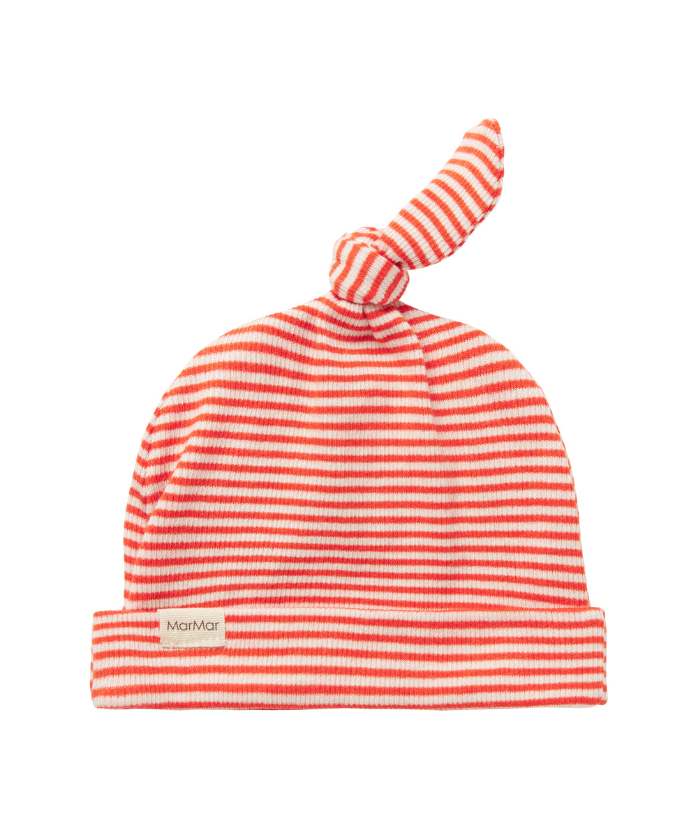 Rød og hvid stribet babyhue med knude på toppen