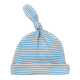 Blå og hvid stribet babyhue med knude på toppen
