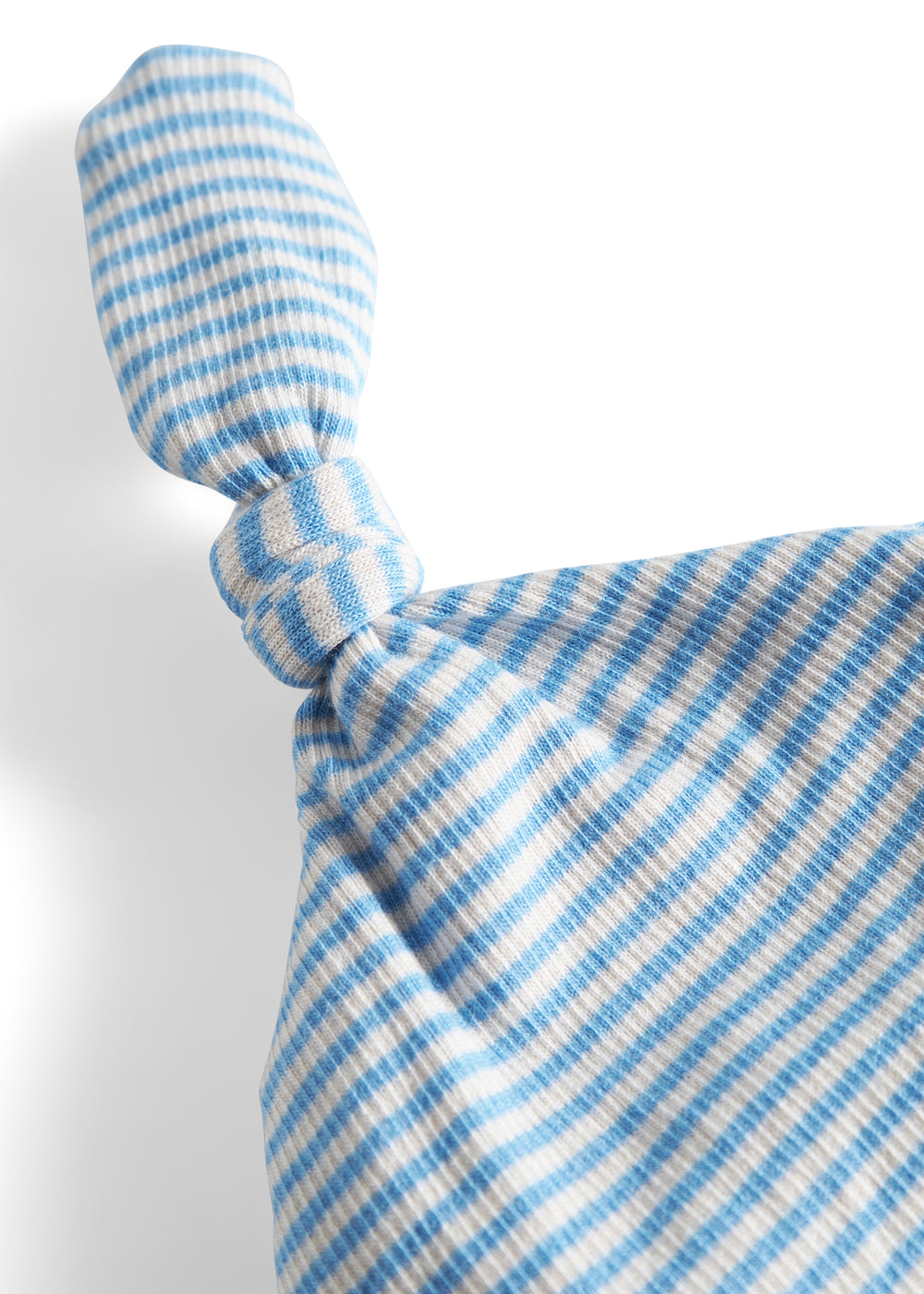 Blå og hvid stribet babyhue med knude på toppen