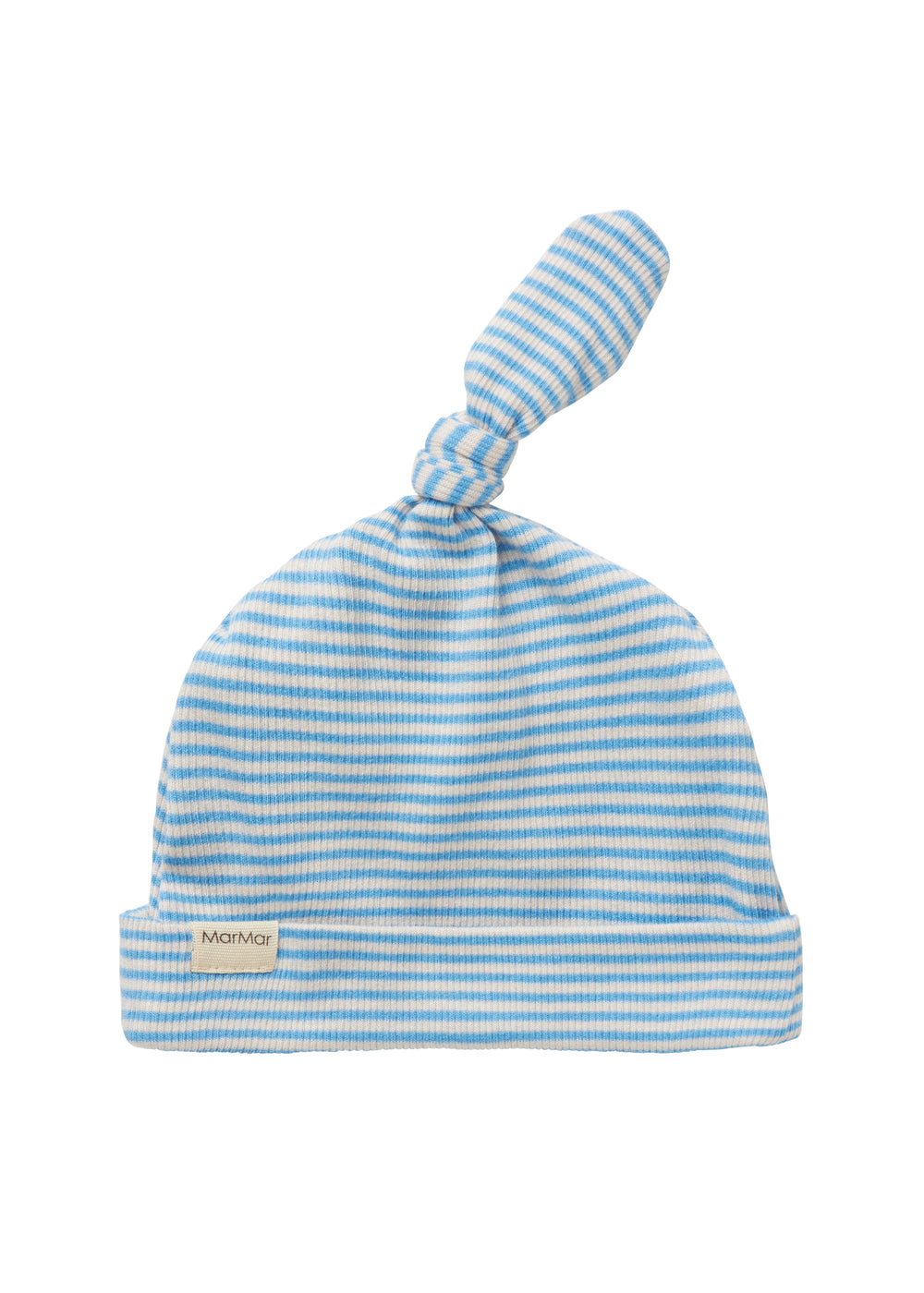 Blå og hvid stribet babyhue med knude på toppen