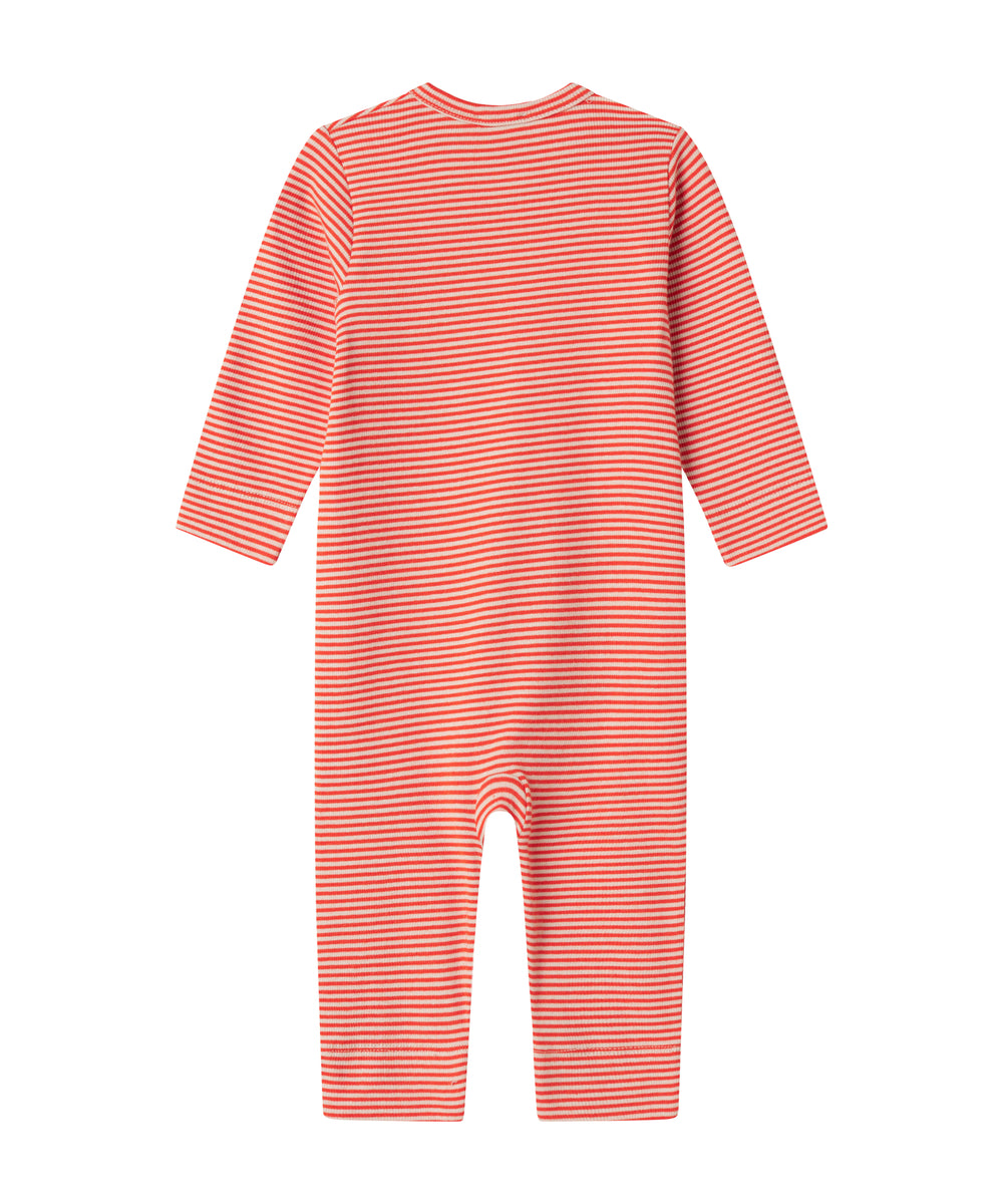 Rød og hvid stribet heldragt til baby med lange ærmer og trykknapper foran