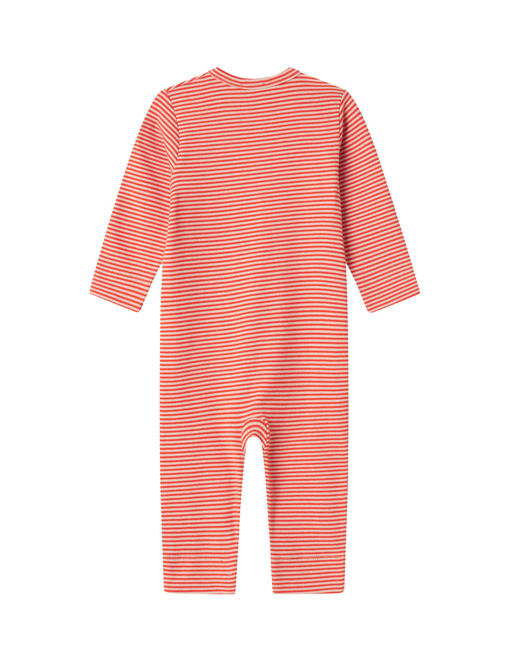 Rød og hvid stribet heldragt til baby med lange ærmer og trykknapper foran