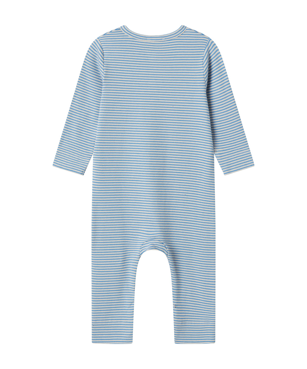 Blå og hvid stribet heldragt til baby med lange ærmer og trykknapper foran