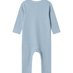 Blå og hvid stribet heldragt til baby med lange ærmer og trykknapper foran