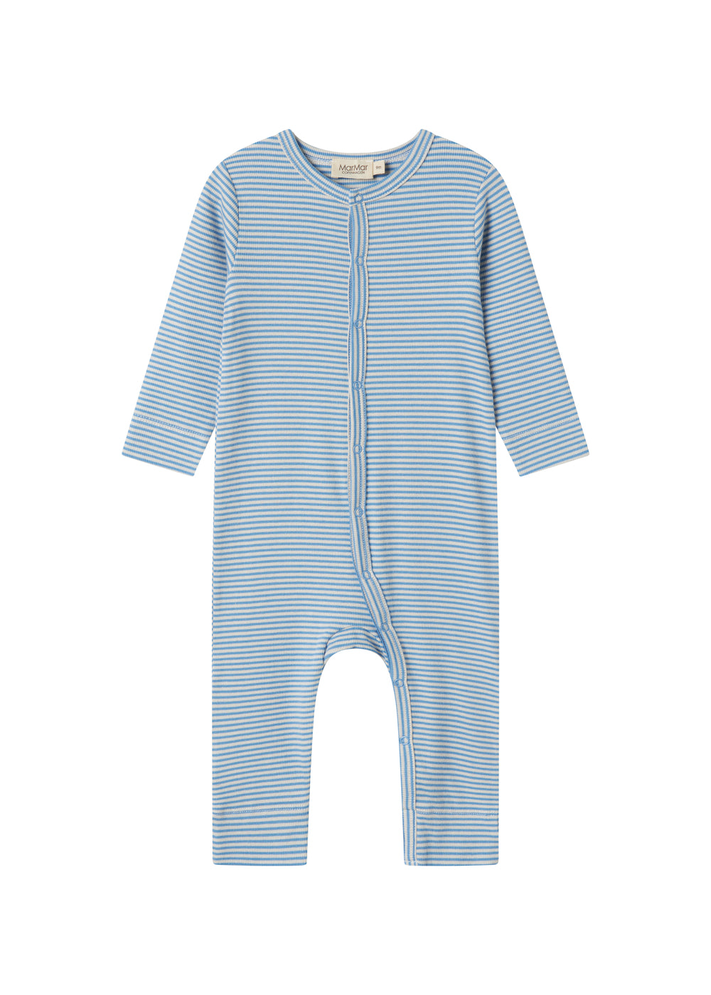 Blå og hvid stribet heldragt til baby med lange ærmer og trykknapper foran