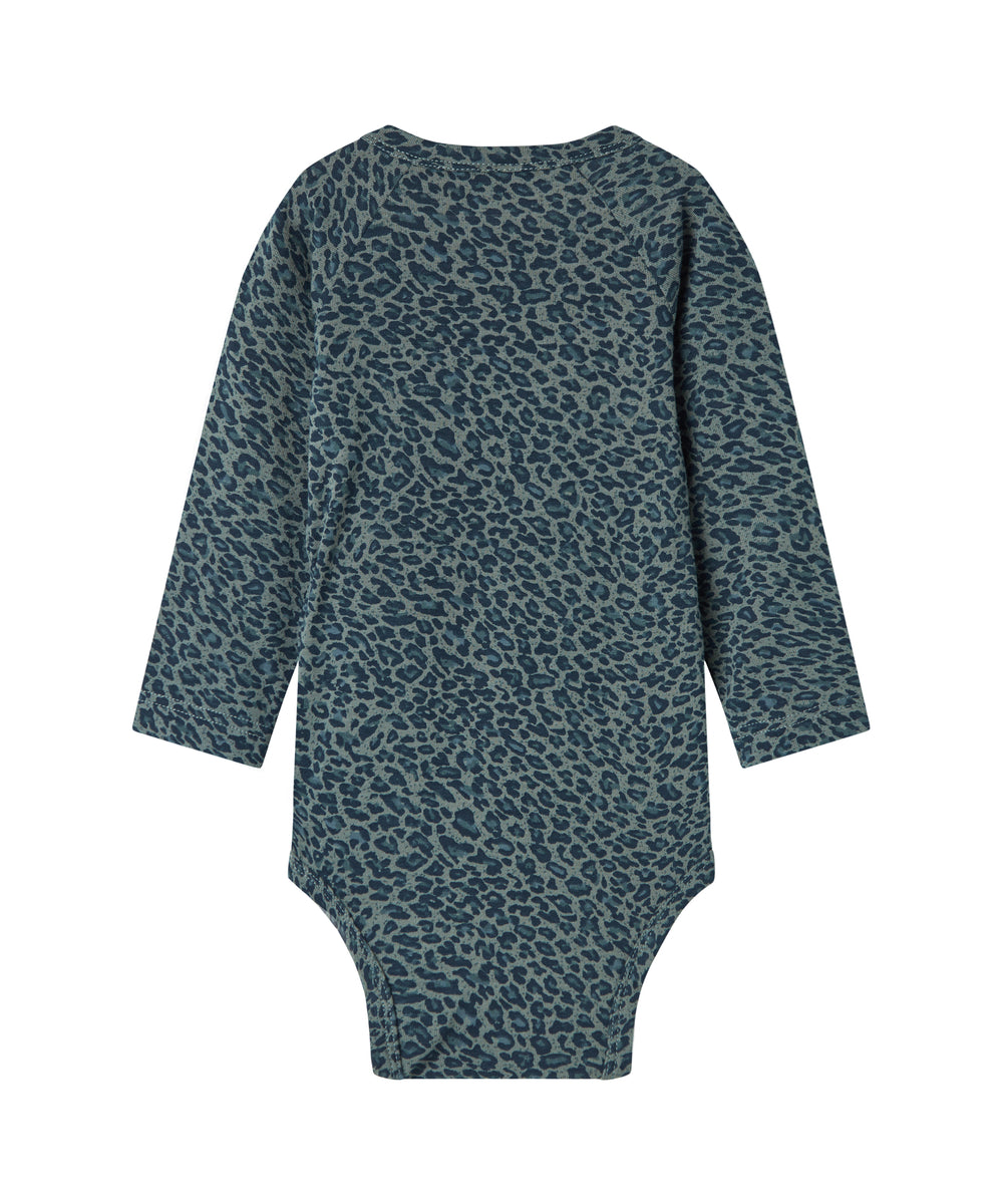 Grøn leopardmønstret babybody med lange ærmer
