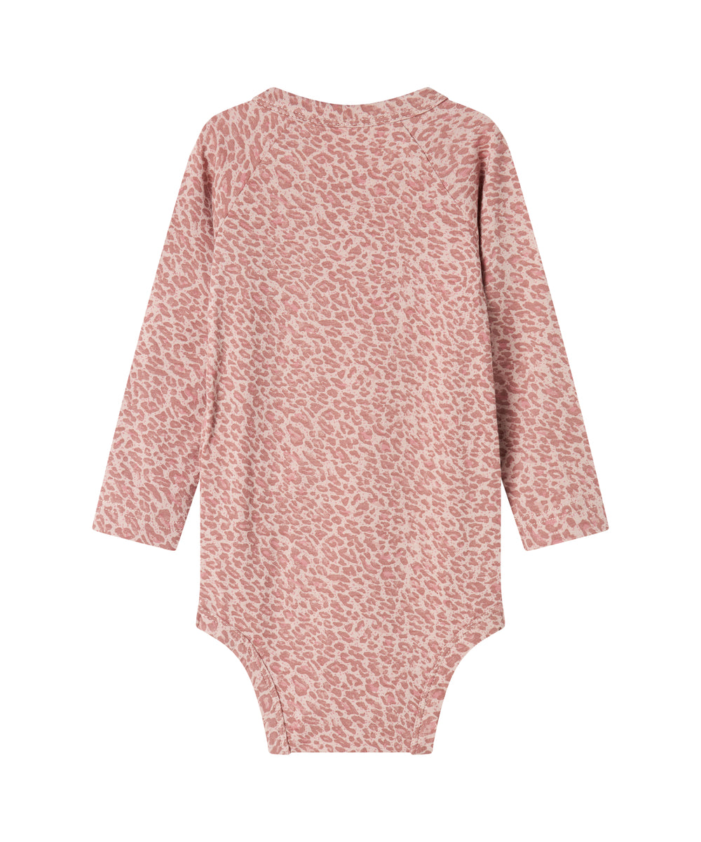 Lyserød leopardmønstret babybody med lange ærmer