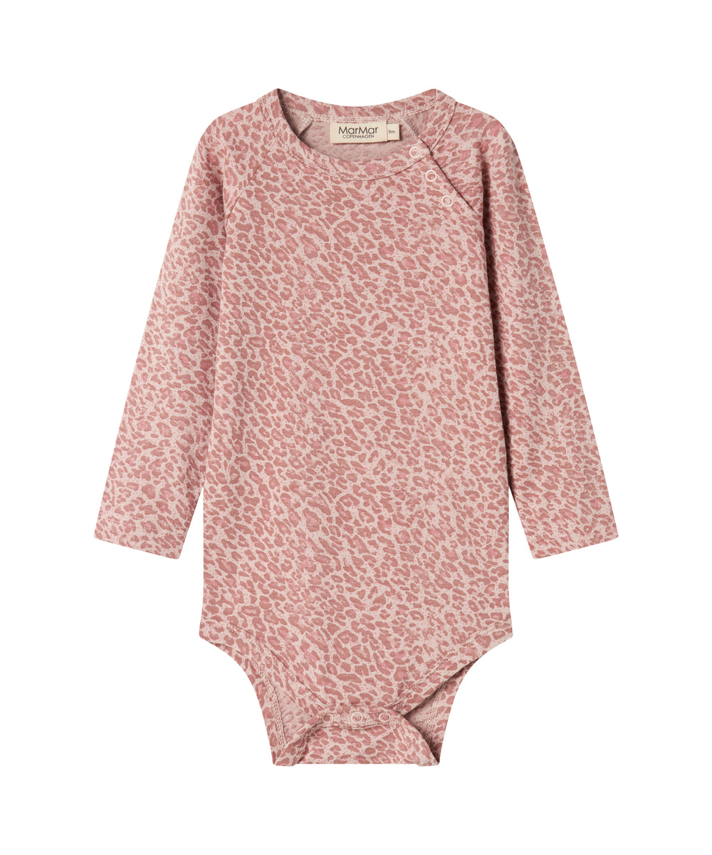 Lyserød leopardmønstret babybody med lange ærmer