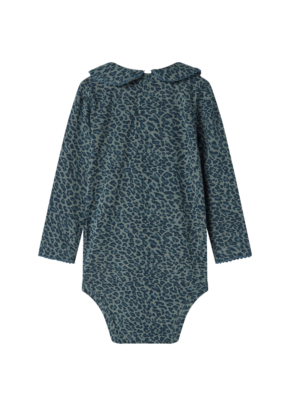 Grøn leopardmønstret babybody med lange ærmer og krave