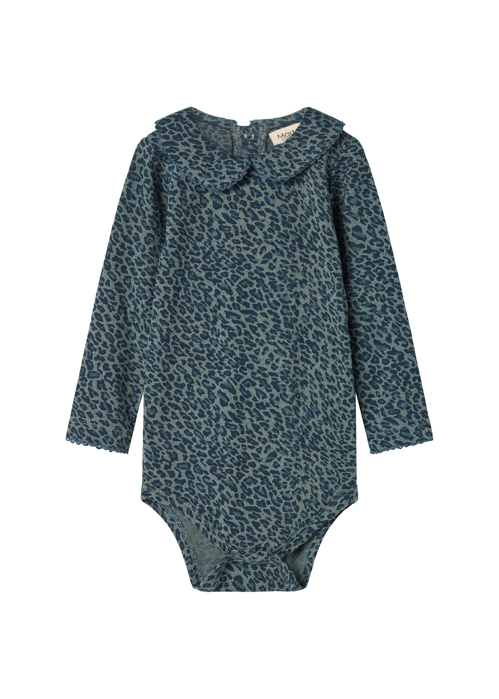 Grøn leopardmønstret babybody med lange ærmer og krave