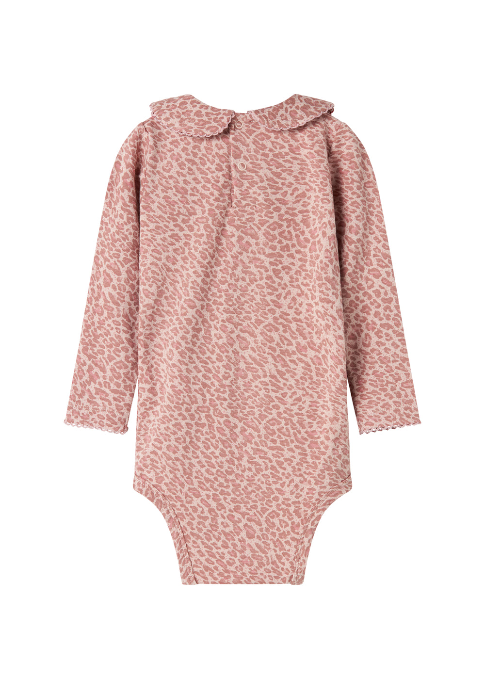 Lyserød leopardmønstret babybody med lange ærmer og krave