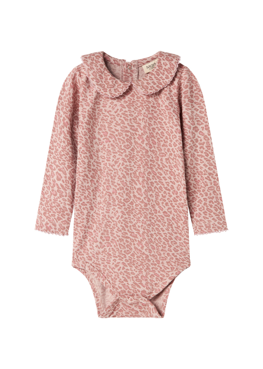Lyserød leopardmønstret babybody med lange ærmer og krave