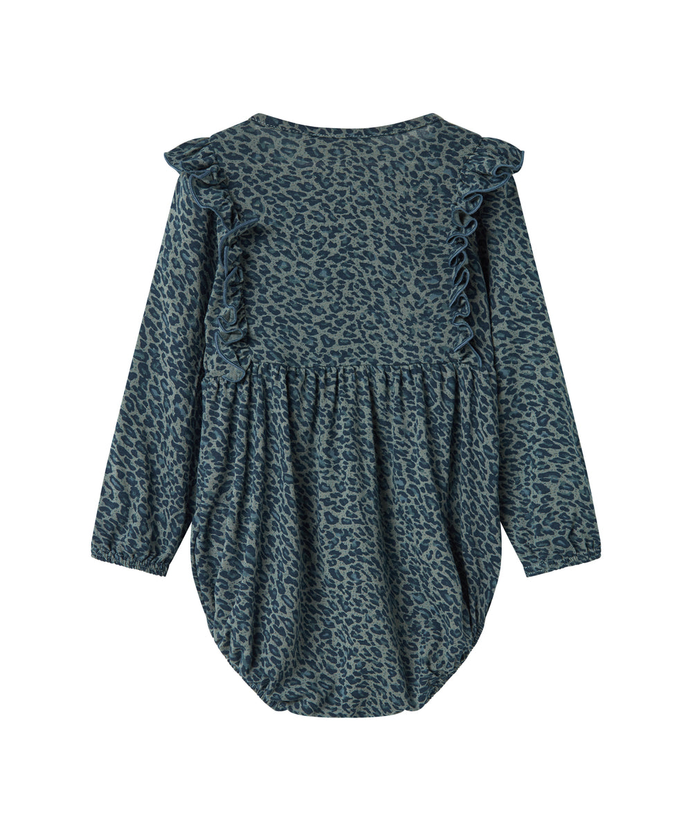 Grøn leopardmønstret babybody med lange ærmer og flæser