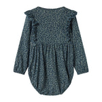 Grøn leopardmønstret babybody med lange ærmer og flæser