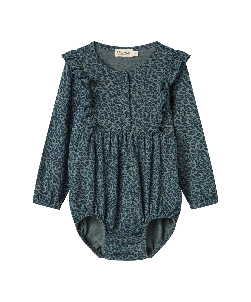 Grøn leopardmønstret babybody med lange ærmer og flæser