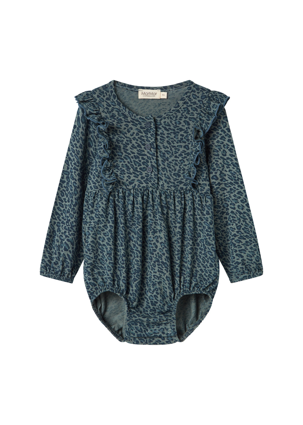 Grøn leopardmønstret babybody med lange ærmer og flæser