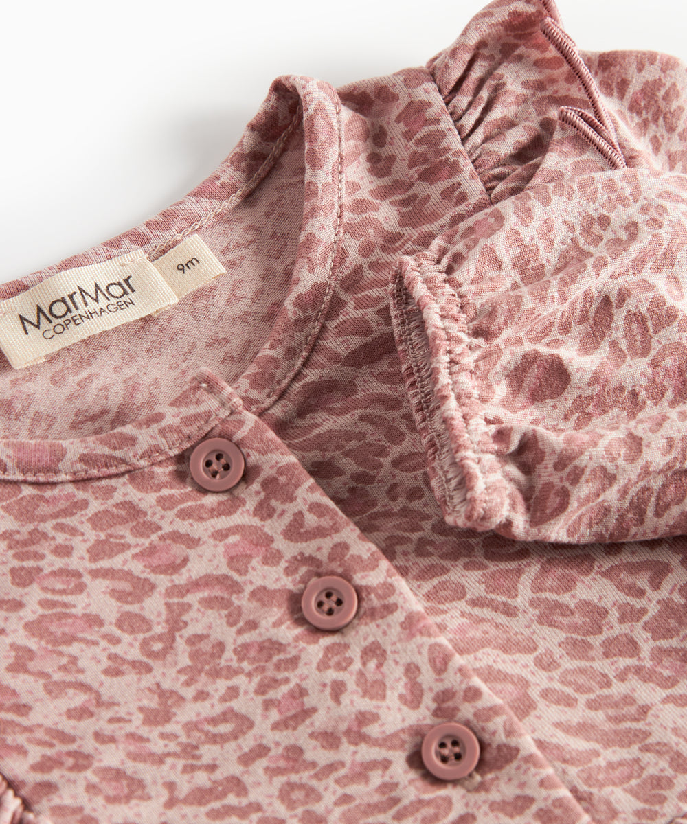 Lyserød leopardmønstret body med lange ærmer og flæser til børn