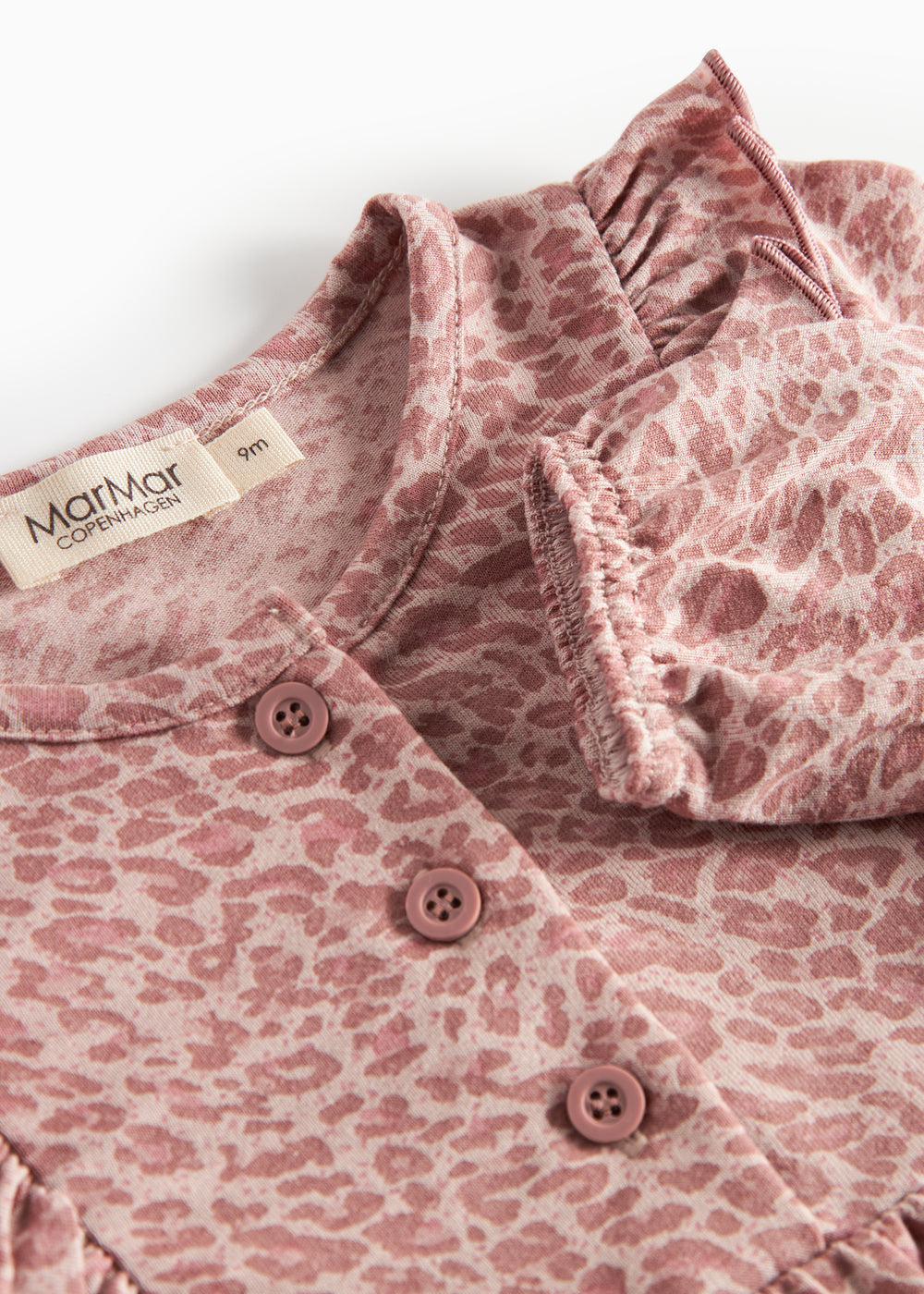 Lyserød leopardmønstret body med lange ærmer og flæser til børn