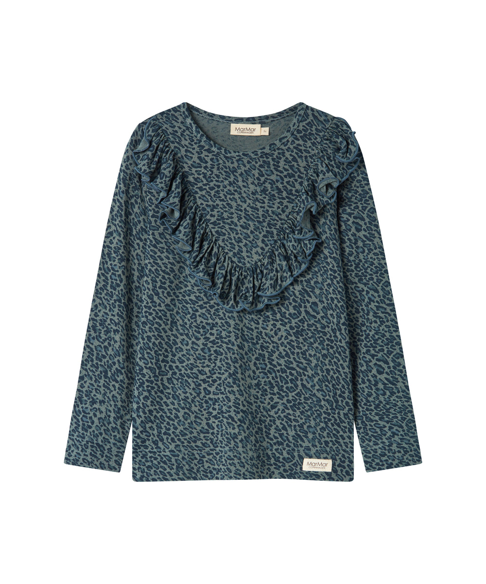 Grøn leopardmønstret bluse med lange ærmer og flæser til børn